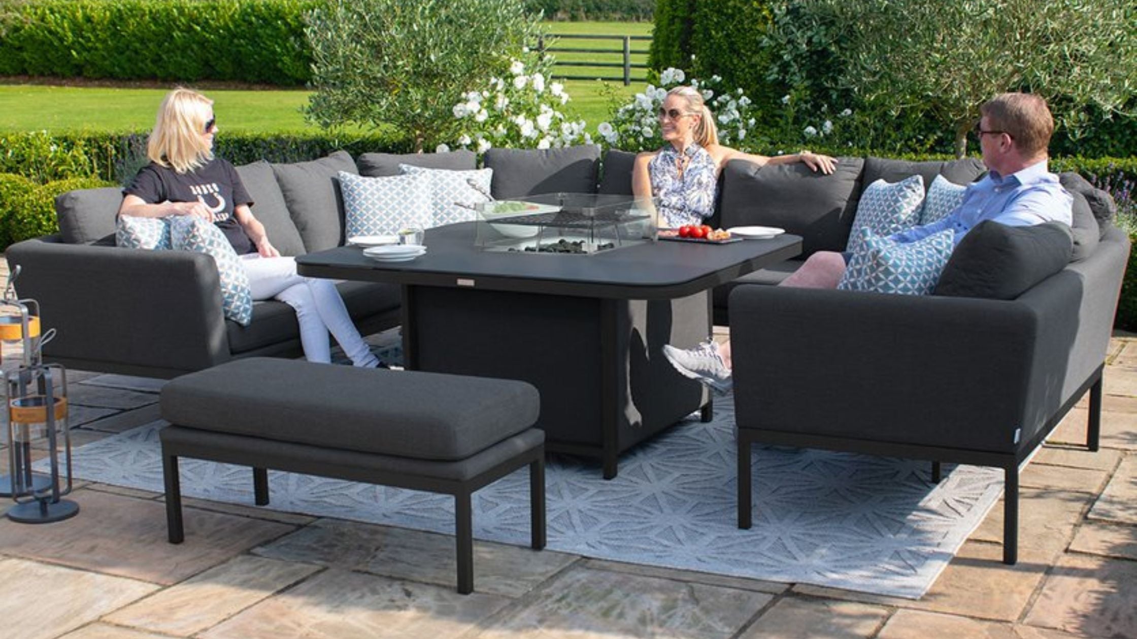 Charcoal fabric u shape sofa set with fire pit table.