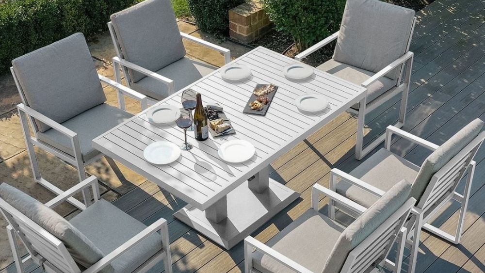 White aluminium 6 seat dining set with rectangular dining table