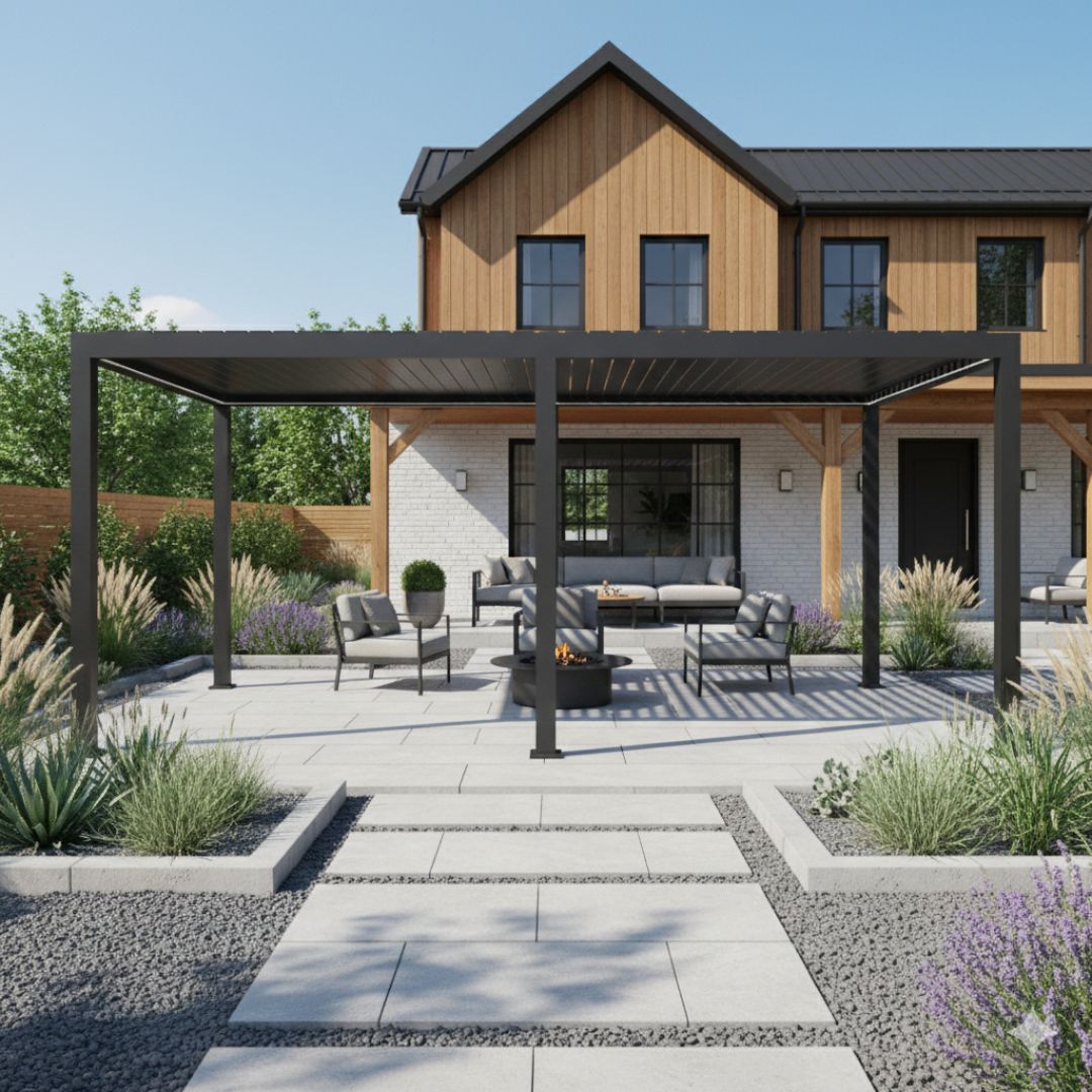 Aluminium pergola with louvred roof