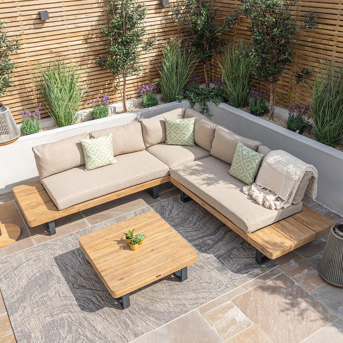 Acacia Wood Platform and Grey Aluminium Corner Sofa Set