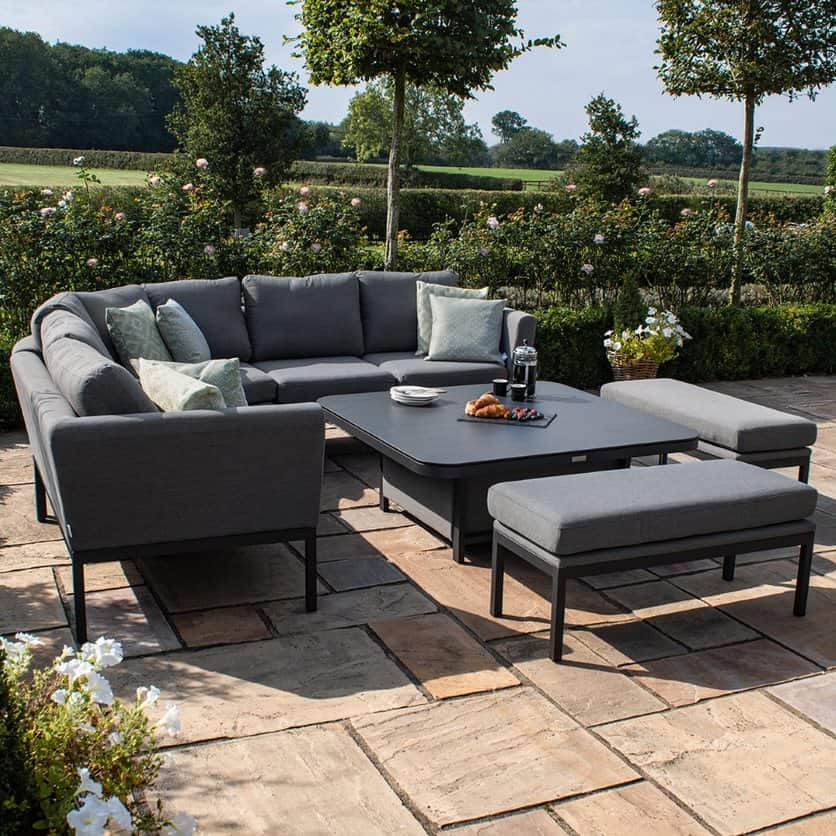 Fabric corner dining set with square rising table and two benches #colour_flanelle