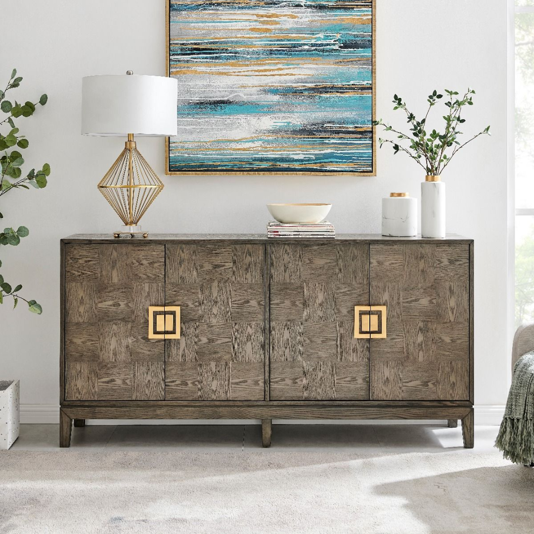 wood grain effect sideboard with gold hardware
