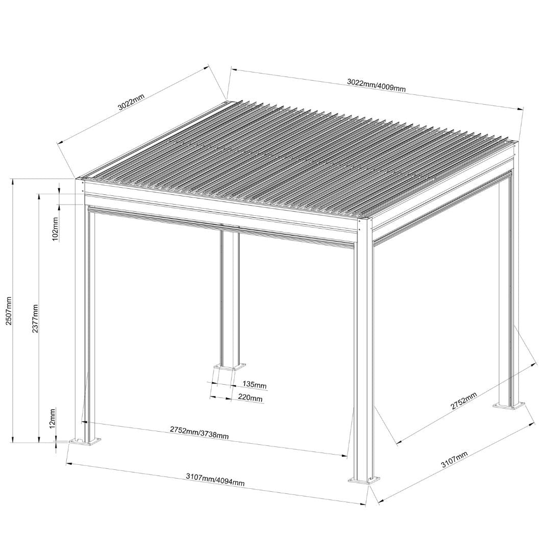 Line drawing for 3m x 4m motorised aluminium pergola.