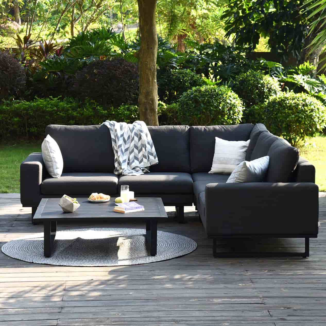 Charcoal Outdoor Fabric and Black Aluminium Corner Sofa with a Slatted Coffee Table #colour_charcoal