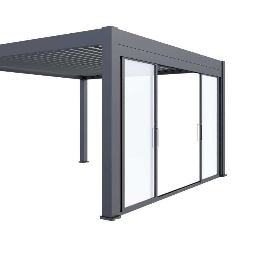 glass sliding doors on a grey aluminium pergola