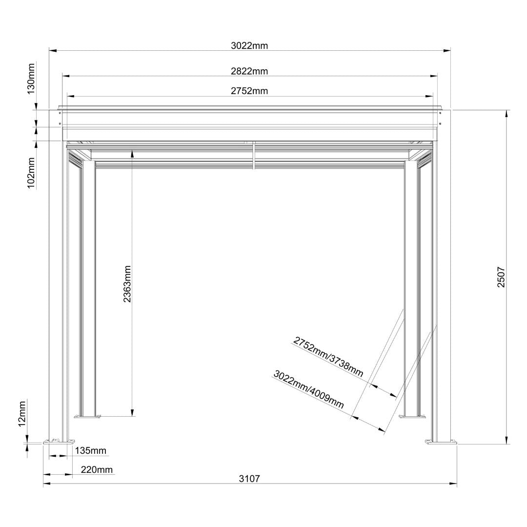 Line drawing for 3m x 4m motorised aluminium pergola.