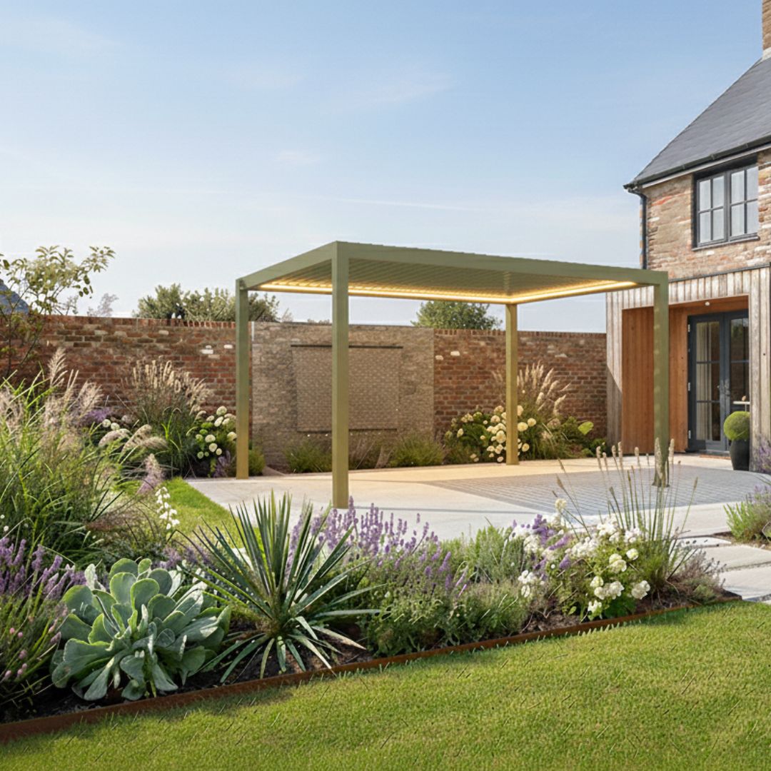 Neptune Deluxe LED Aluminium Pergola - 3m x 3m in Olive Green