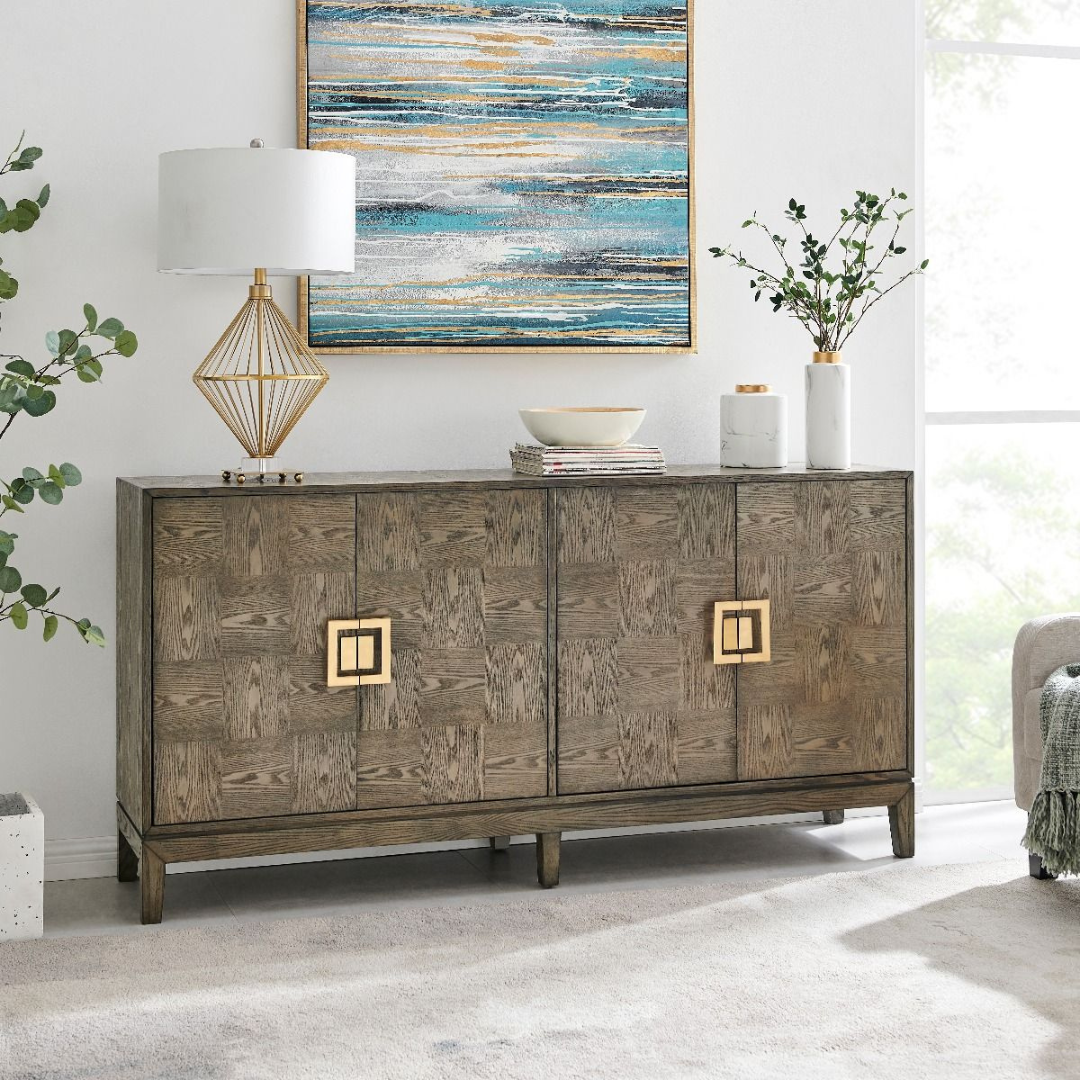 wood grain effect sideboard with gold hardware