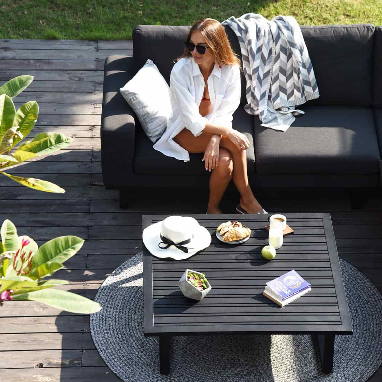Charcoal Outdoor Fabric and Black Aluminium Corner Sofa with a Slatted Coffee Table #colour_charcoal