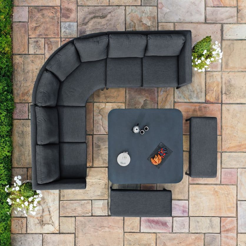 Fabric corner dining set with square rising table and two benches #colour_charcoal