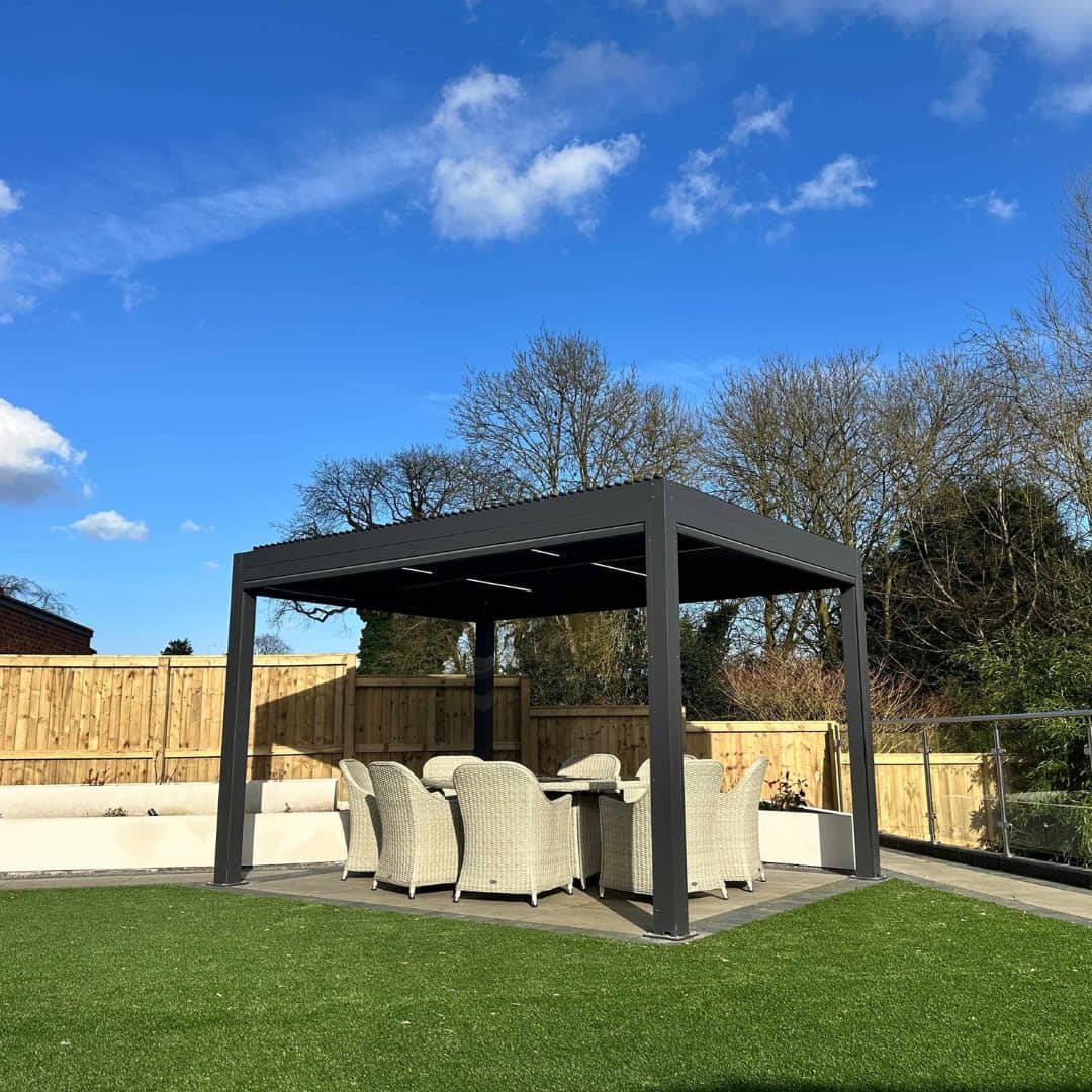 3m x 4m Anthracite Grey Motorised Louvred Roof Pergola with 4 Motorised Privacy Screens