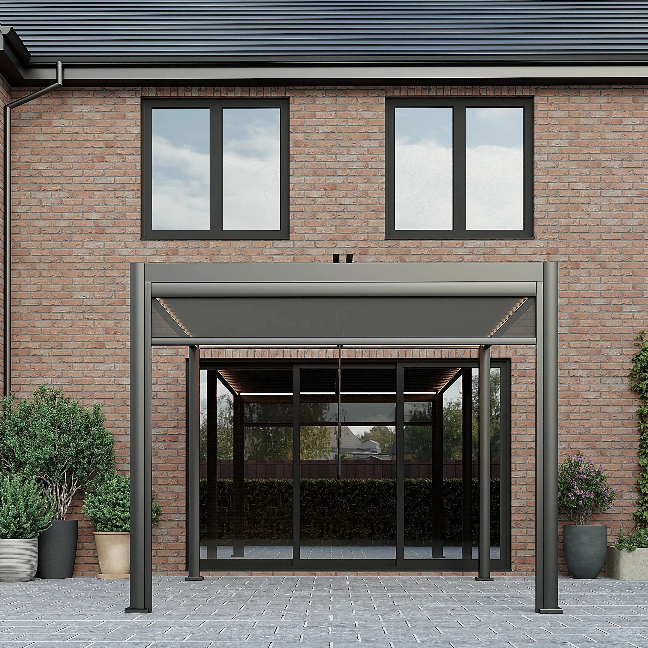 Linea 3m x 3m Aluminium Pergola with 3 Privacy Screens and LED Lighting