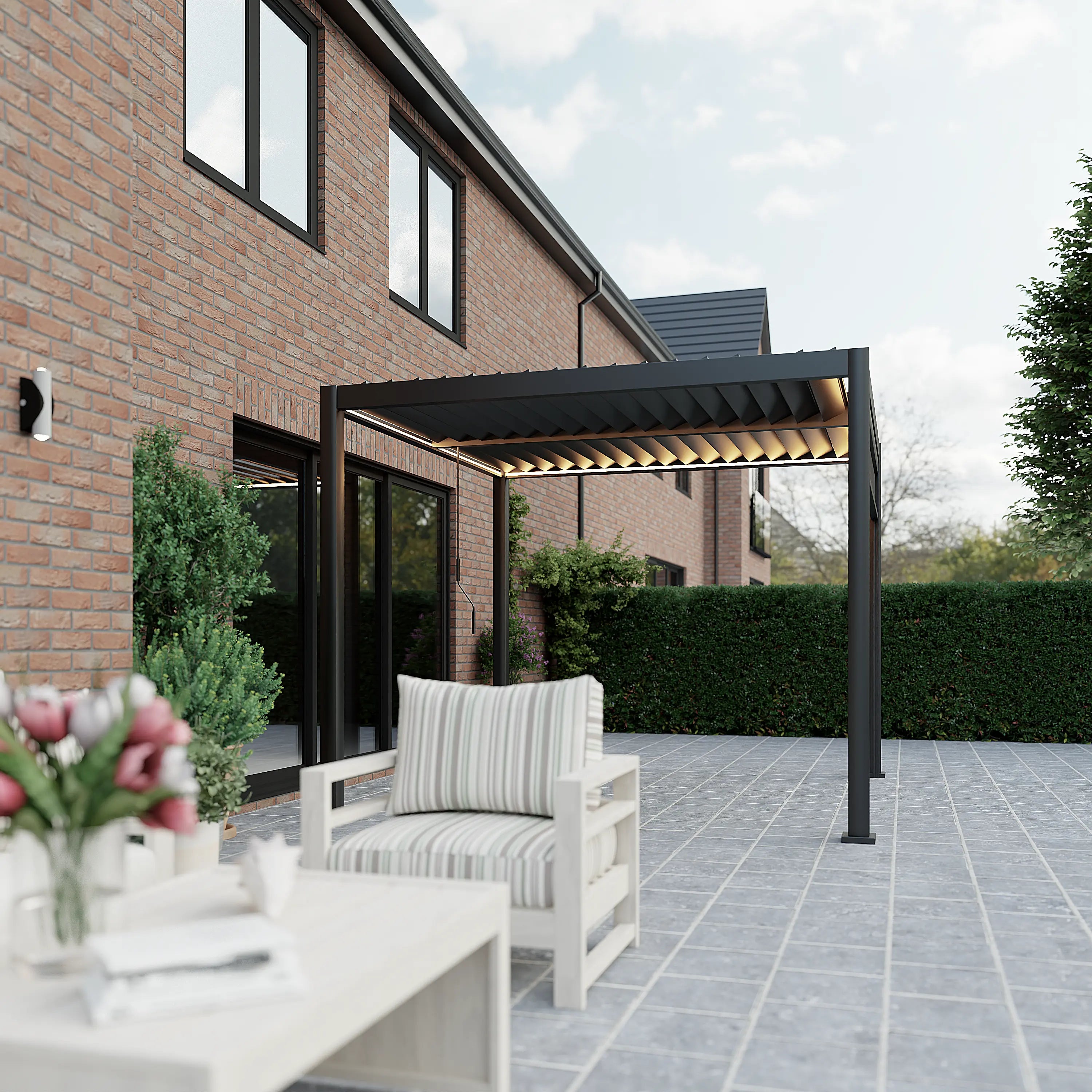 Linea 3m x 3m Aluminium Pergola with 3 Privacy Screens and LED Lighting