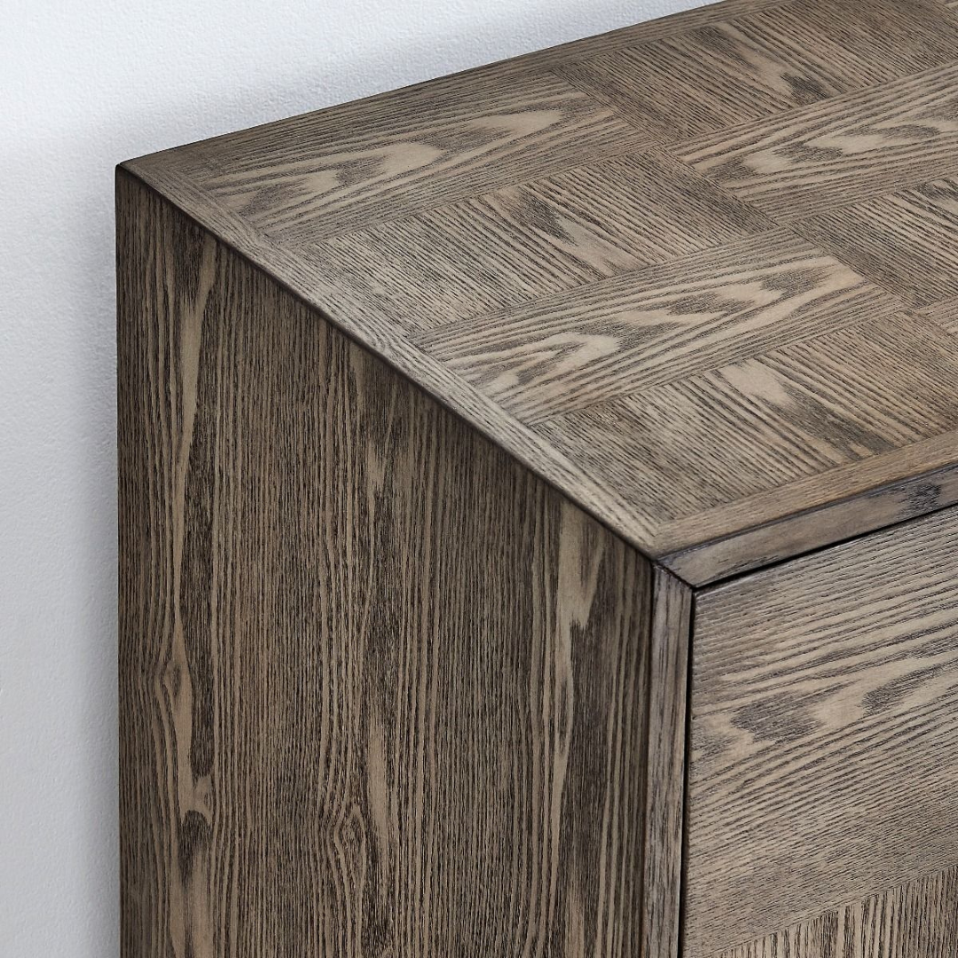 wood grain effect sideboard with gold hardware