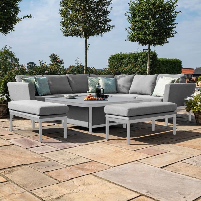 Fabric corner dining set with square rising table and two benches #colour_lead chine