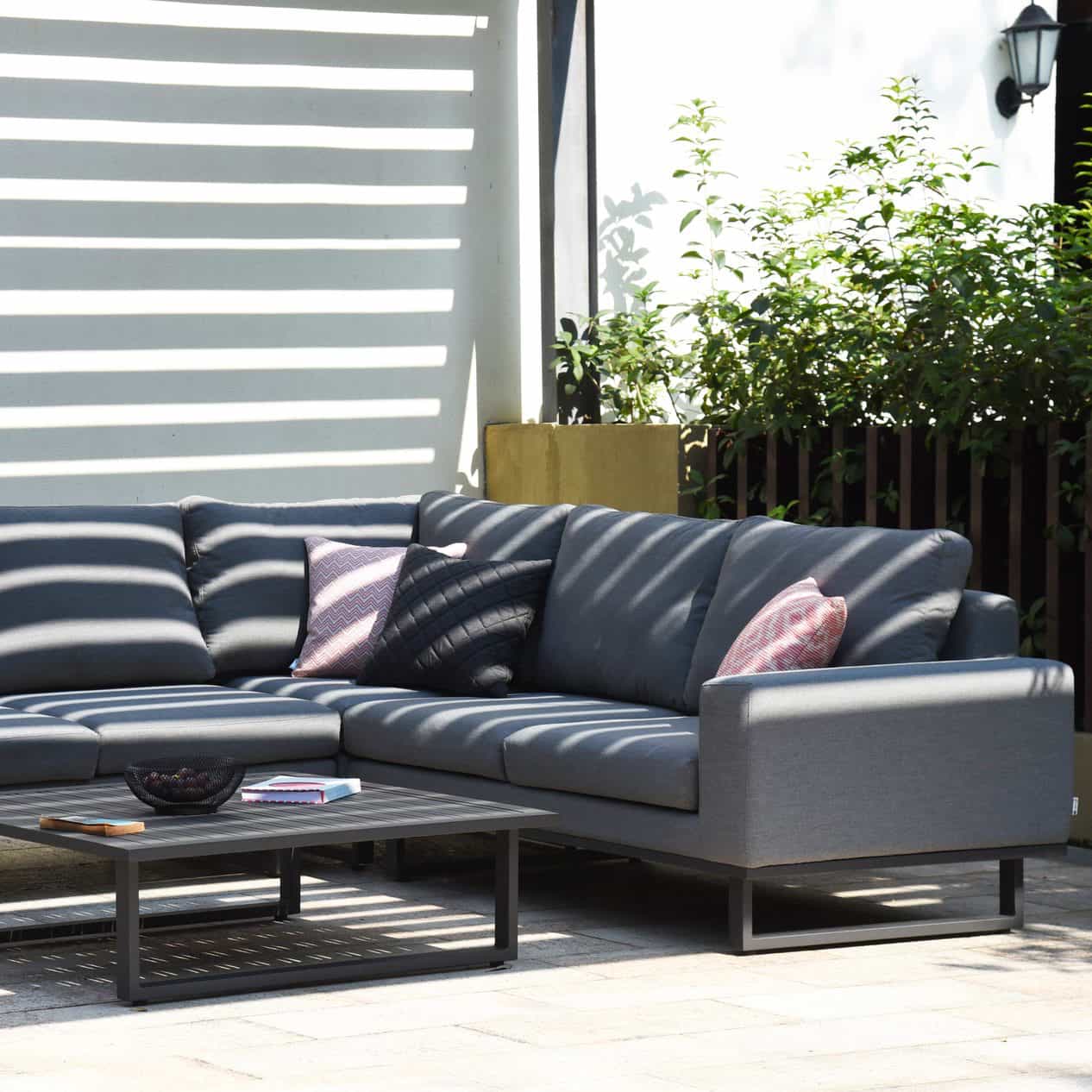 Grey Outdoor Fabric and Grey Aluminium Corner Sofa with a Slatted Coffee Table #colour_flanelle