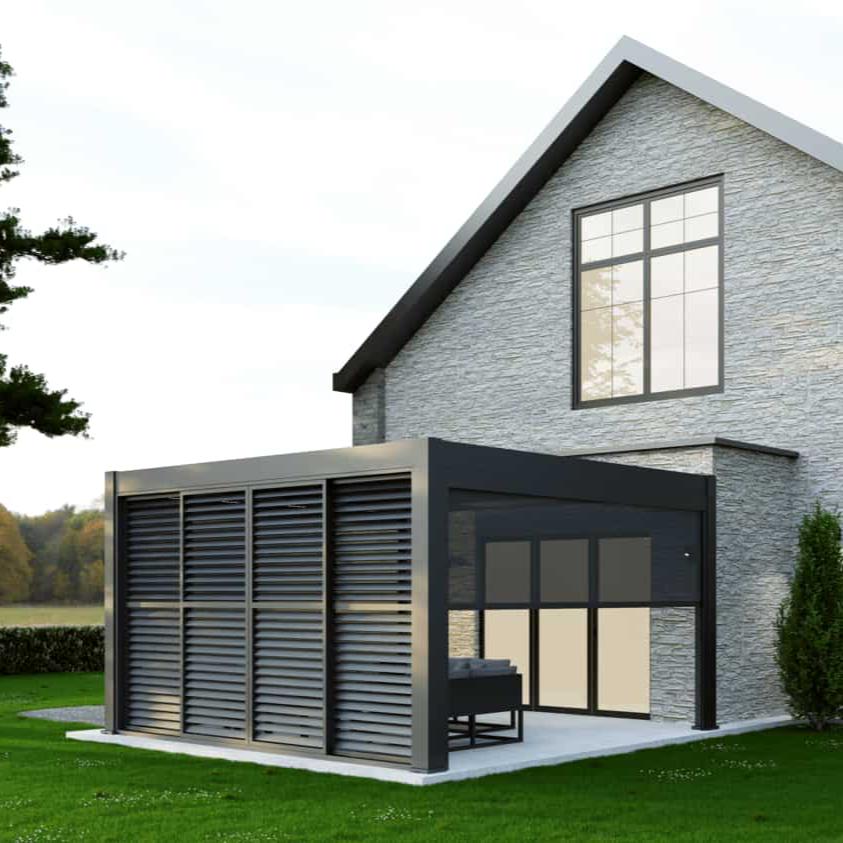 4m aluminium louvred sliding doors on a grey aluminium pergola