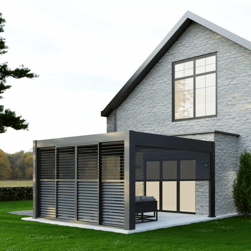 4m aluminium louvred sliding doors on a grey aluminium pergola