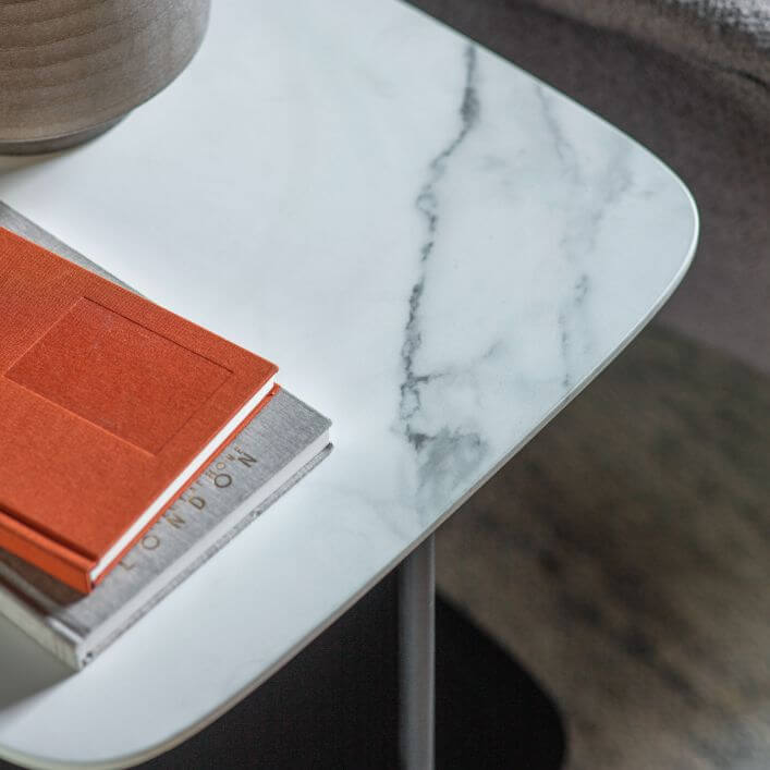 White Marble Style Side Table With Black Iron Legs