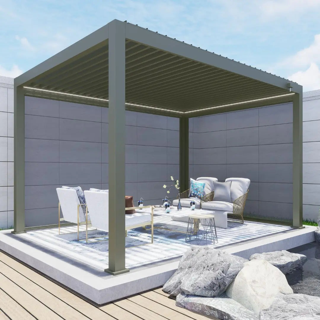 Neptune Deluxe LED Aluminium Pergola - 3m x 4m in Olive Green