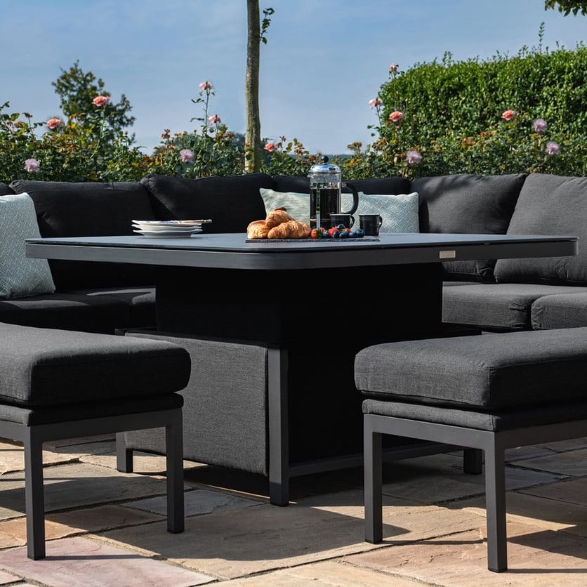 Fabric corner dining set with square rising table and two benches #colour_charcoal