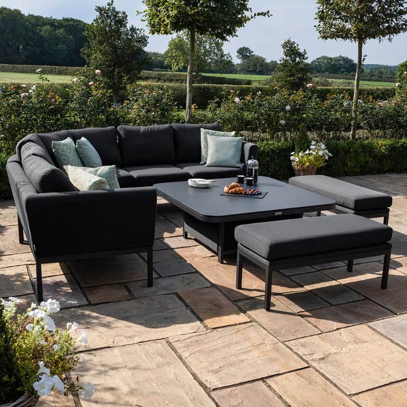 Fabric corner dining set with square rising table and two benches #colour_charcoal