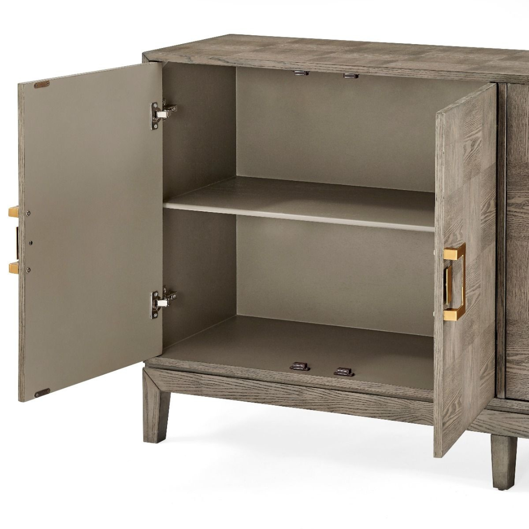 wood grain effect sideboard with gold hardware