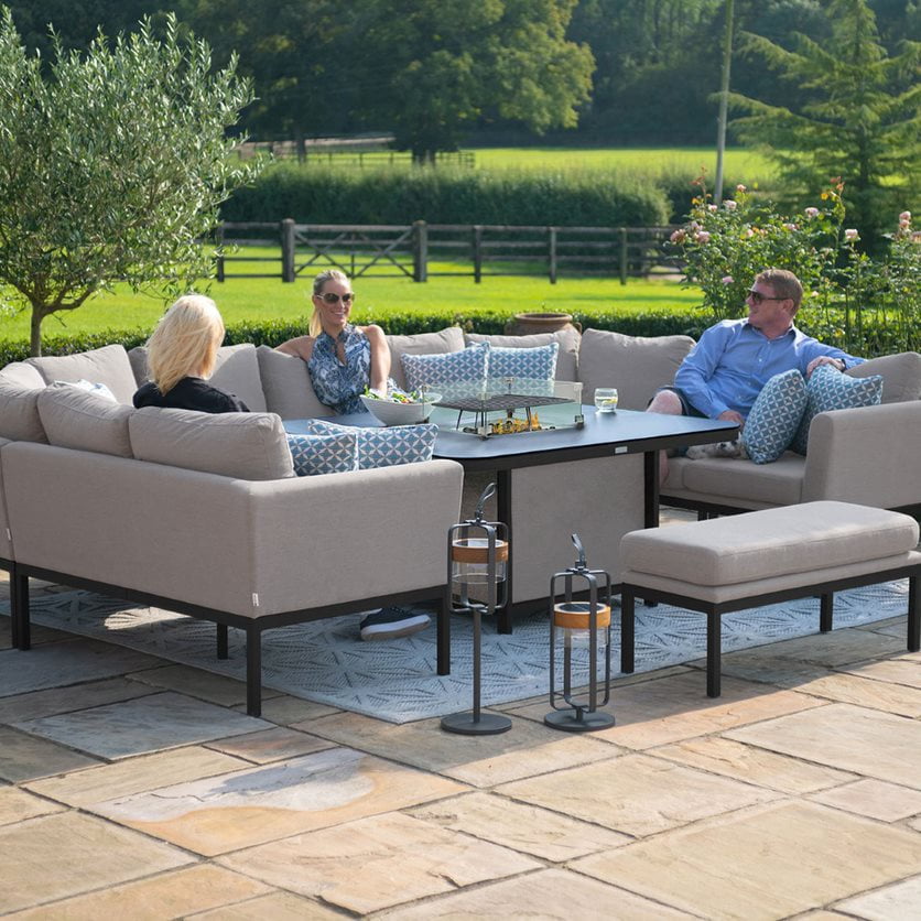 Fabric u-shape sofa dining set with a bench and fire pit table #colour_taupe