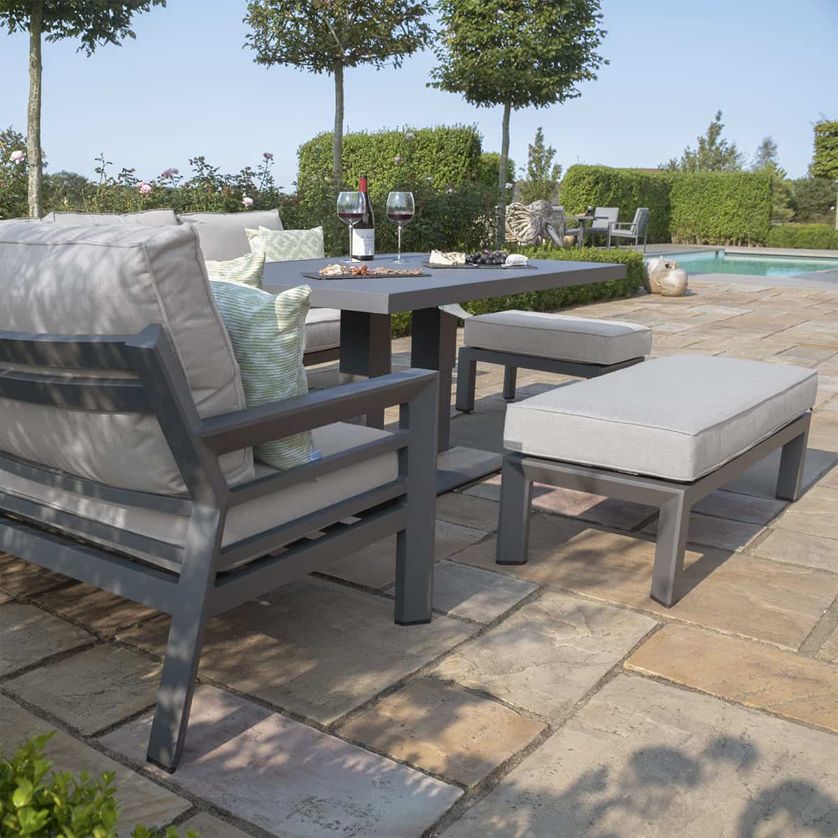 Aluminium corner sofa dining set with rising table and 2 stools #colour_dove grey