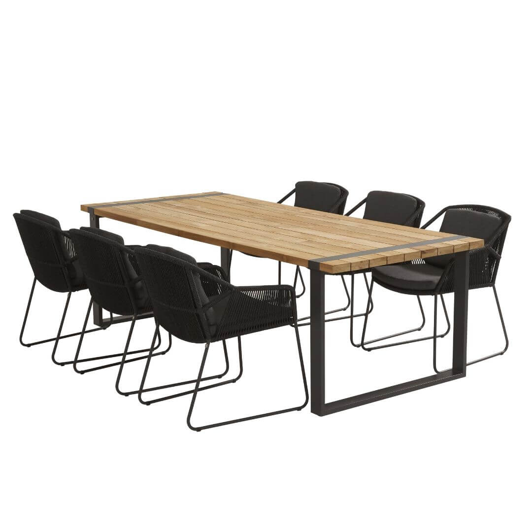 6 Seat Dining Set with Teak Table Top and Aluminium Legs. Rope Dining Chairs.