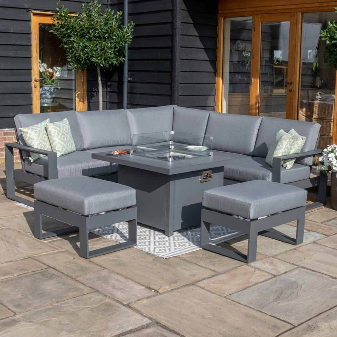 Aluminium Small Corner Dining with Square Fire Pit Table (includes 2x footstools) #colour_grey