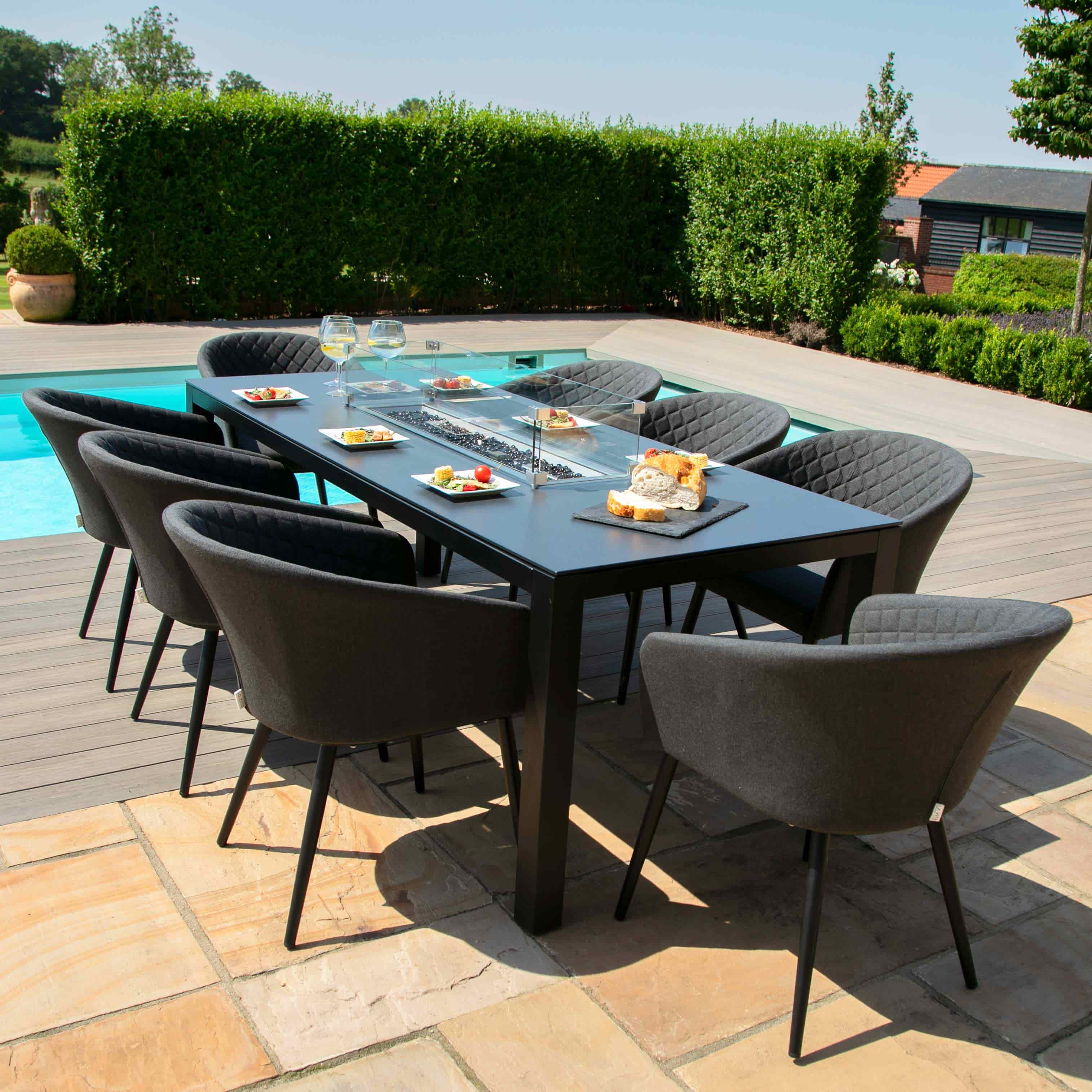 Fabric and Aluminium 8 Seat Rectangular Fire Pit Dining Set #colour_charcoal