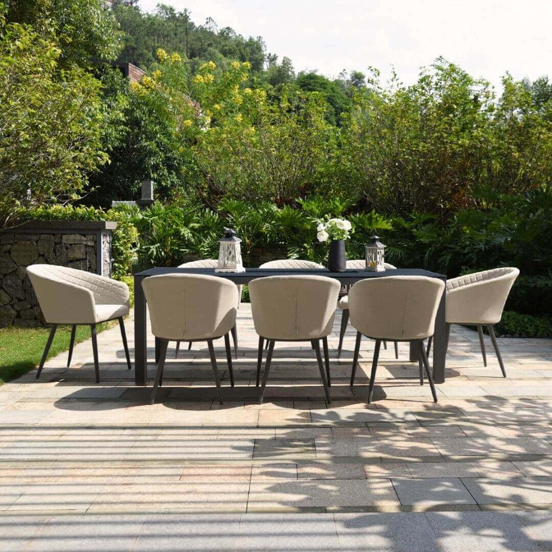 Beige Oatmeal Fabric and Aluminium 8 Seat Rectangular Fire Pit Dining Set #colour_oatmeal