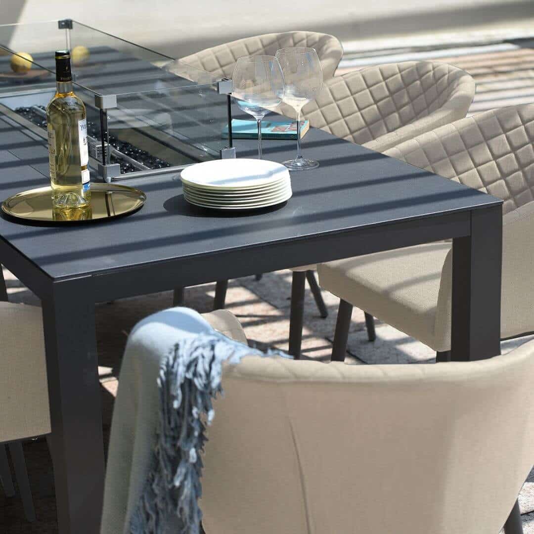 Beige Oatmeal Fabric and Aluminium 8 Seat Rectangular Fire Pit Dining Set #colour_oatmeal