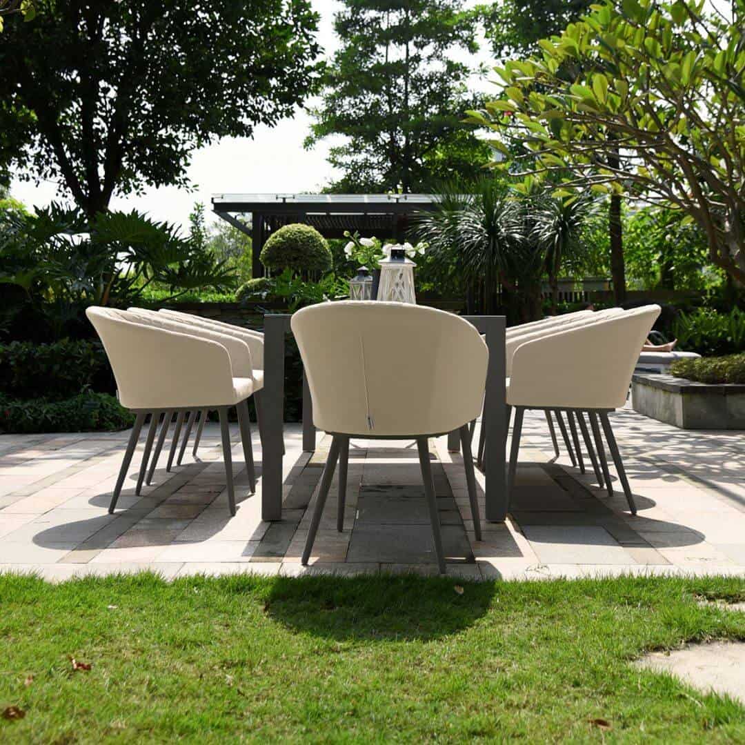 Beige Oatmeal Fabric and Aluminium 8 Seat Rectangular Fire Pit Dining Set #colour_oatmeal