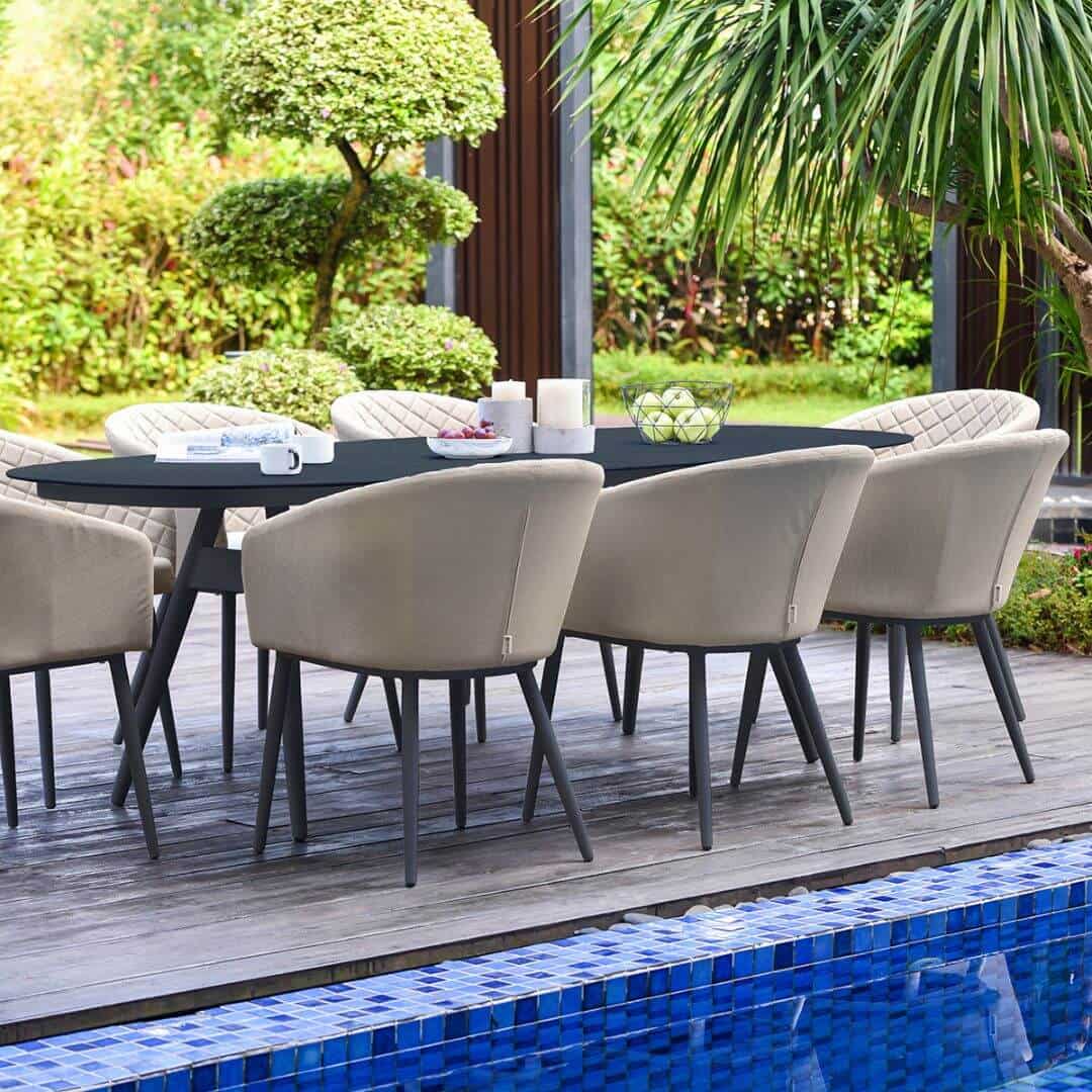 Aluminium and Beige Oatmeal Fabric 8 Seat Oval Dining Set #colour_oatmeal