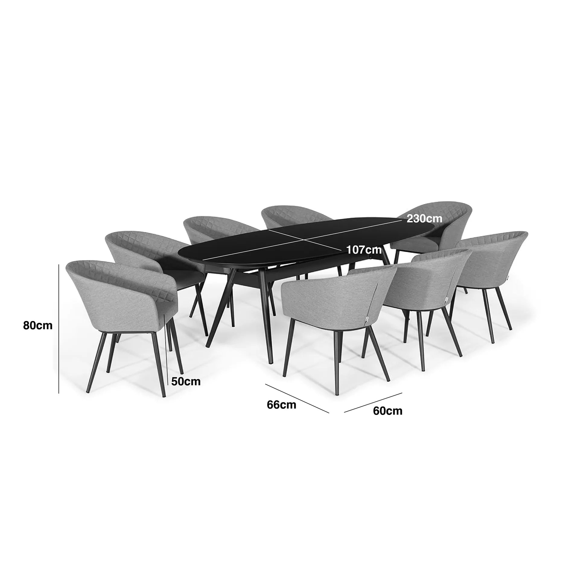 Aluminium and Fabric 8 Seat Oval Dining Set Measurements/Footprint