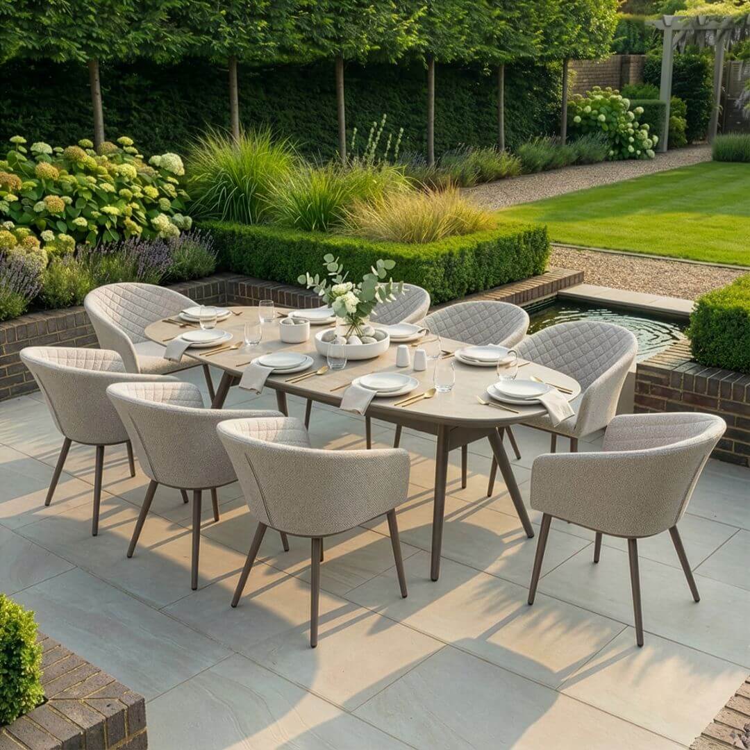Aluminium and Latte Fabric 8 Seat Oval Dining Set #colour_latte