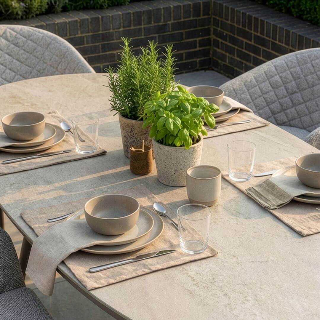 Aluminium and Latte Fabric 8 Seat Oval Dining Set #colour_latte