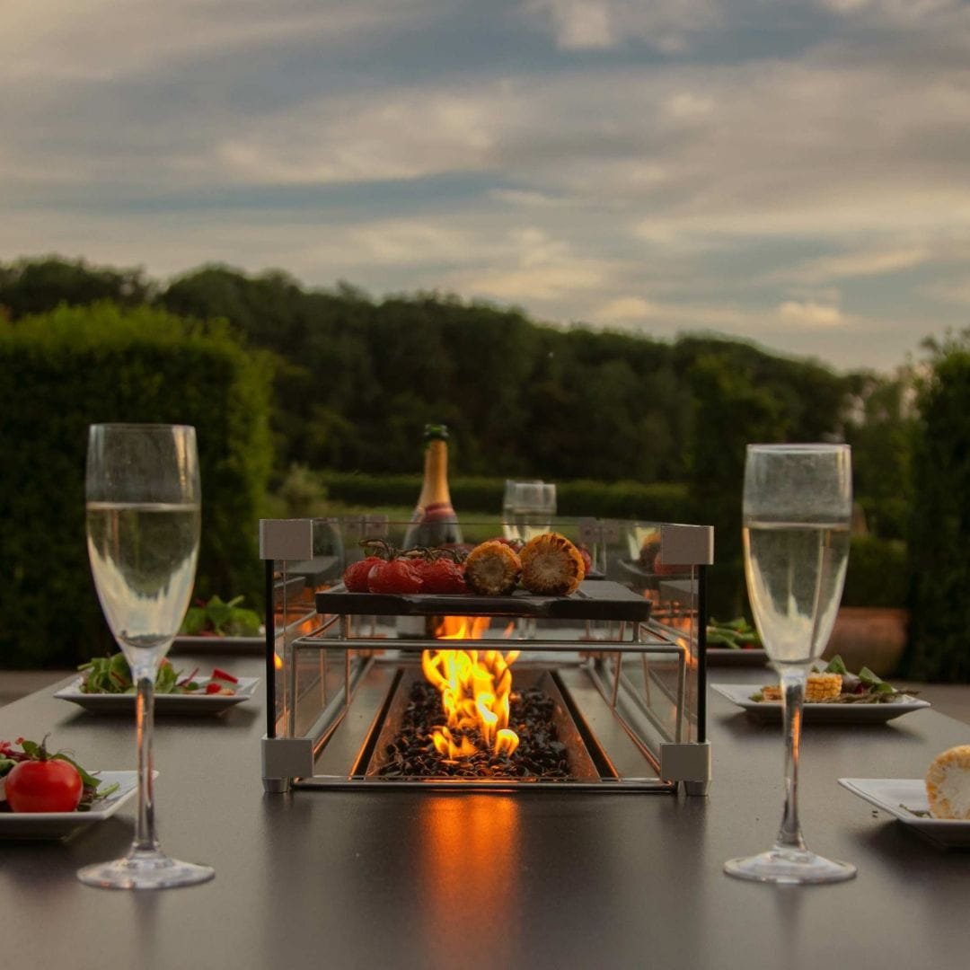 Fabric and Aluminium 8 Seat Rectangular Fire Pit Dining Set