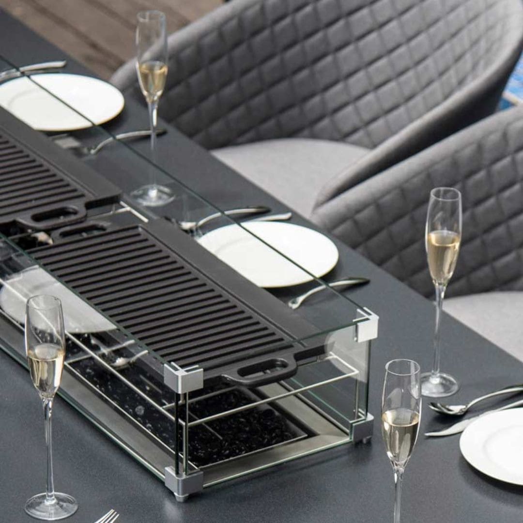 Grey Fabric and Aluminium 8 Seat Rectangular Fire Pit Dining Set #colour_flanelle