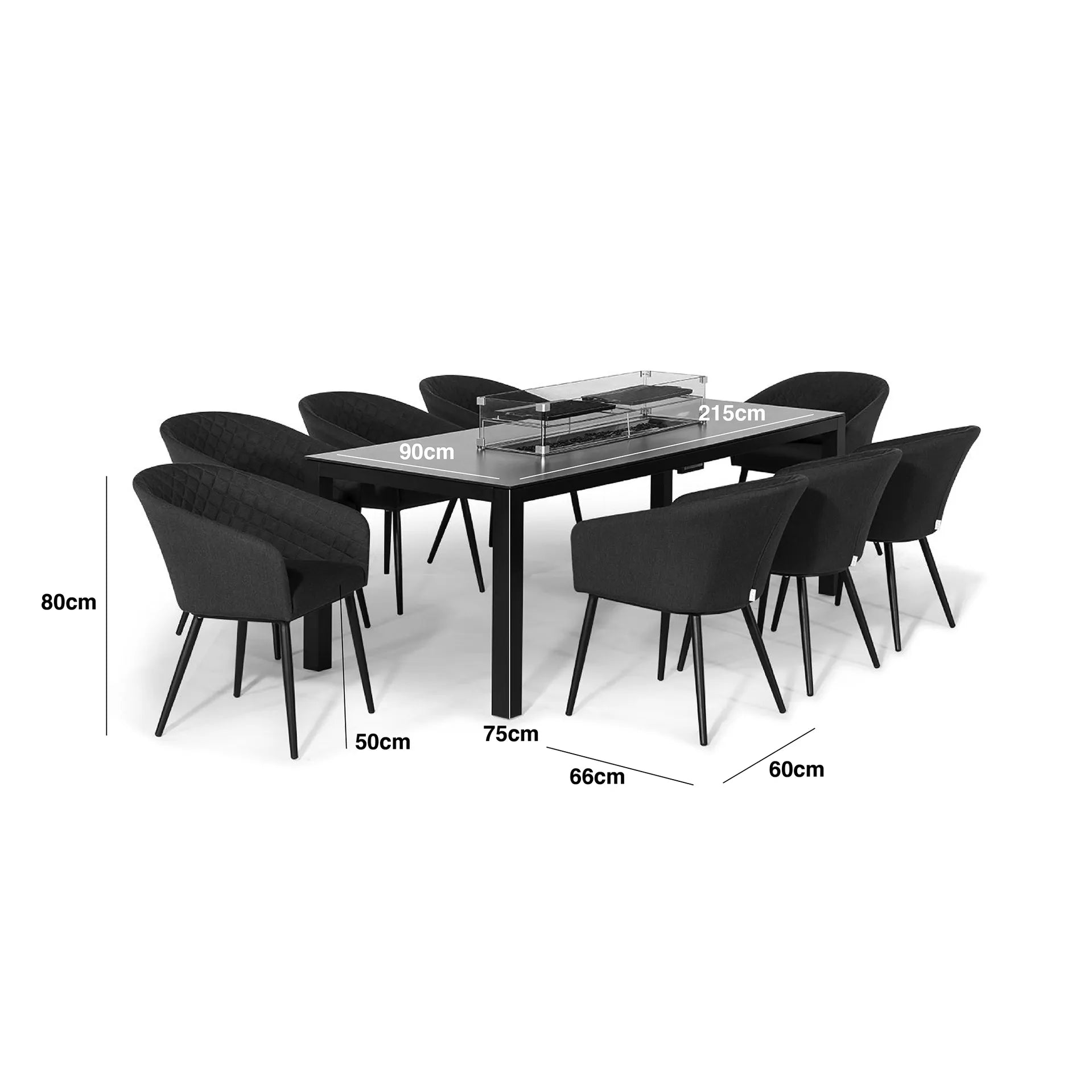 Fabric and Aluminium 8 Seat Rectangular Fire Pit Dining Set Measurements/Footprint