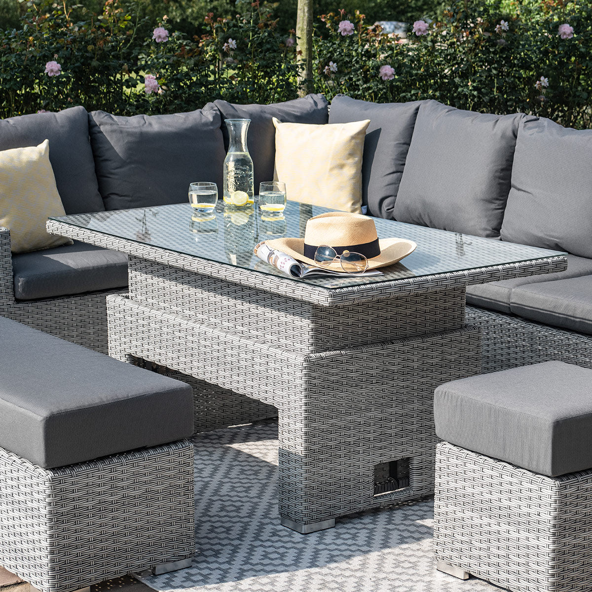 Grey Rattan Rectangular Corner Dining Set with Rising Table
