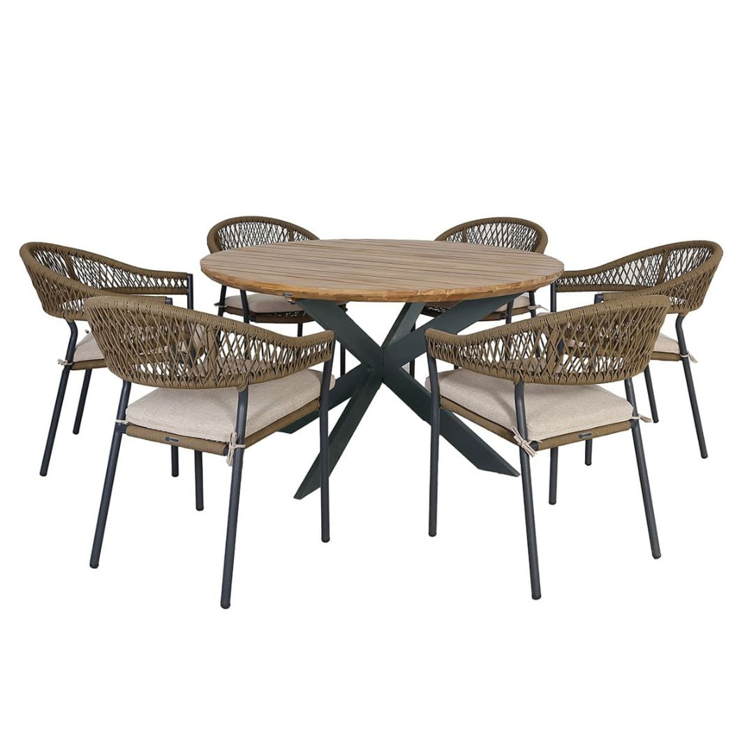 Olive Rope Weave 6 Seat Round Dining Set