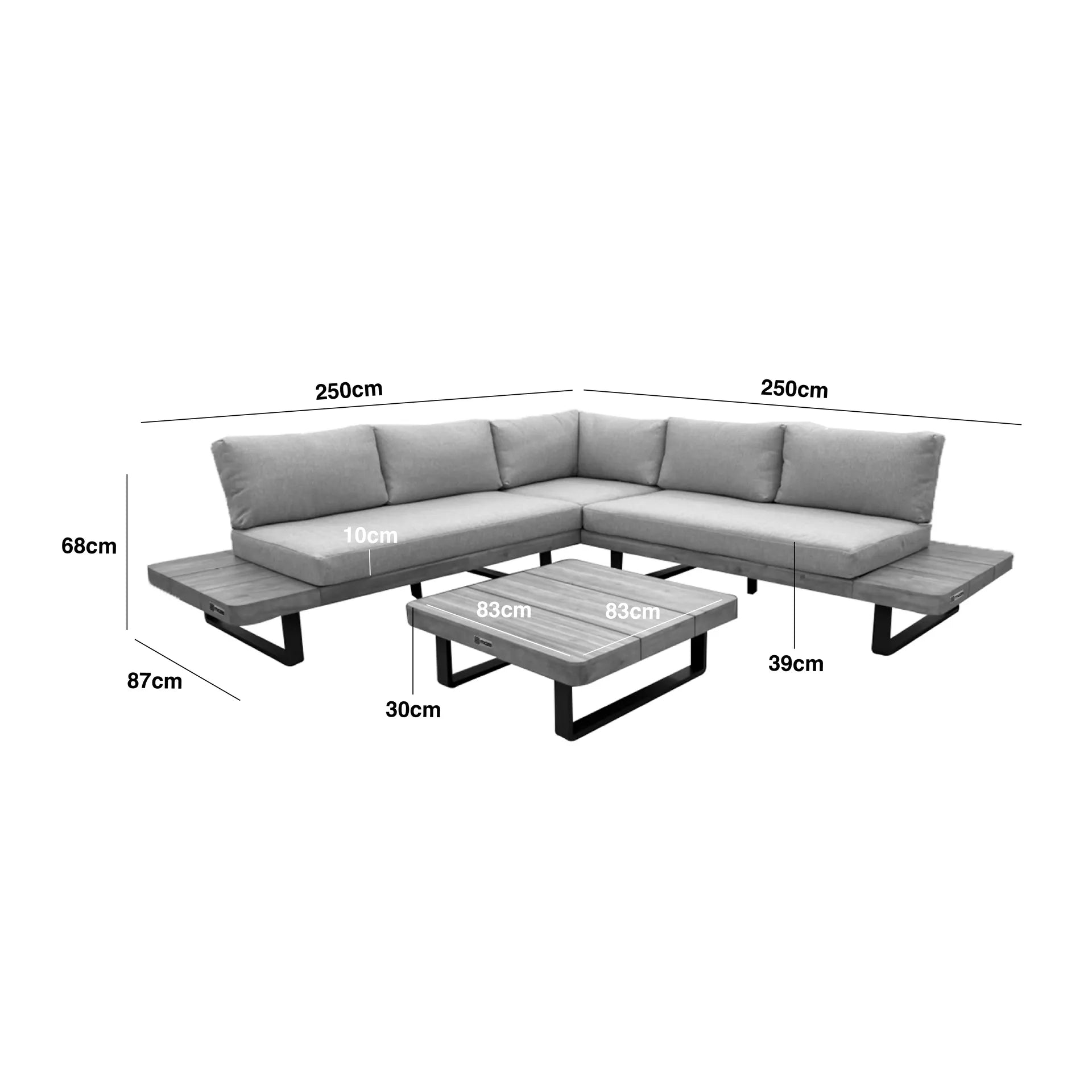 Acacia Wood Platform and Grey Aluminium Corner Sofa Set Measurements/Footprint