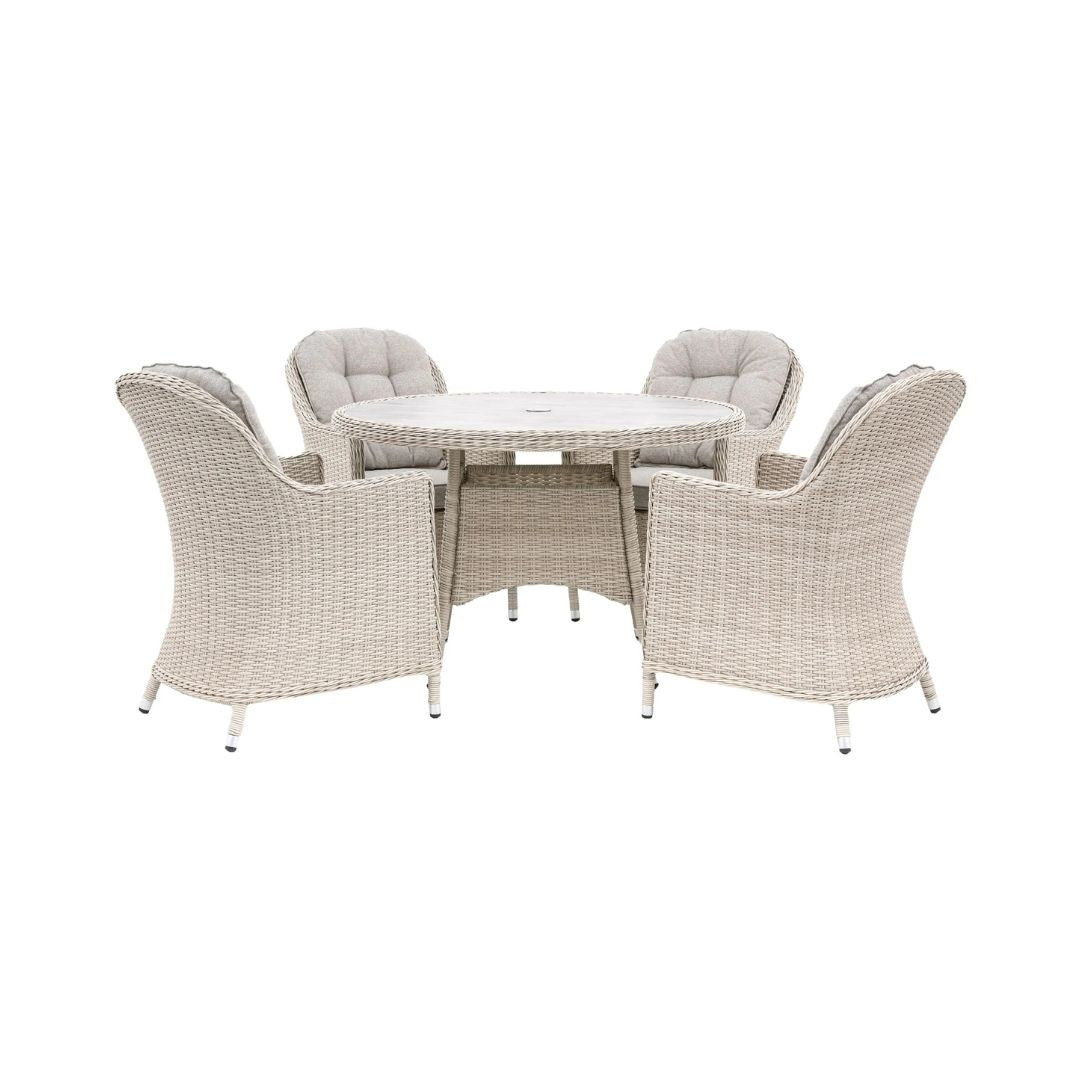 Stone Coloured PE Rattan Weave 4 Seat Round Dining Set with a Parasol Hole