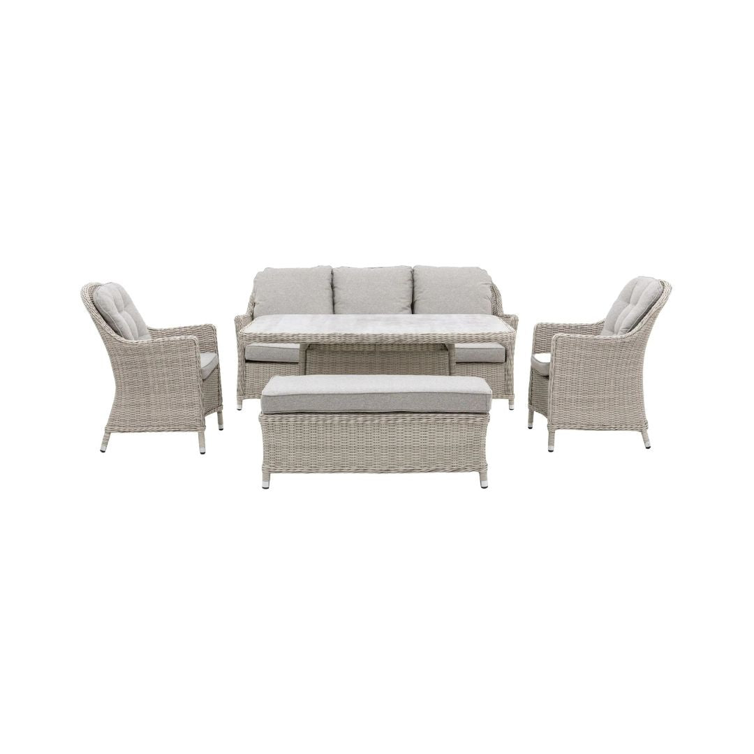 Stone Coloured PE Rattan Weave Rectangular Dining Set with a 3 Seat Sofa, 2 Armchairs and a Bench