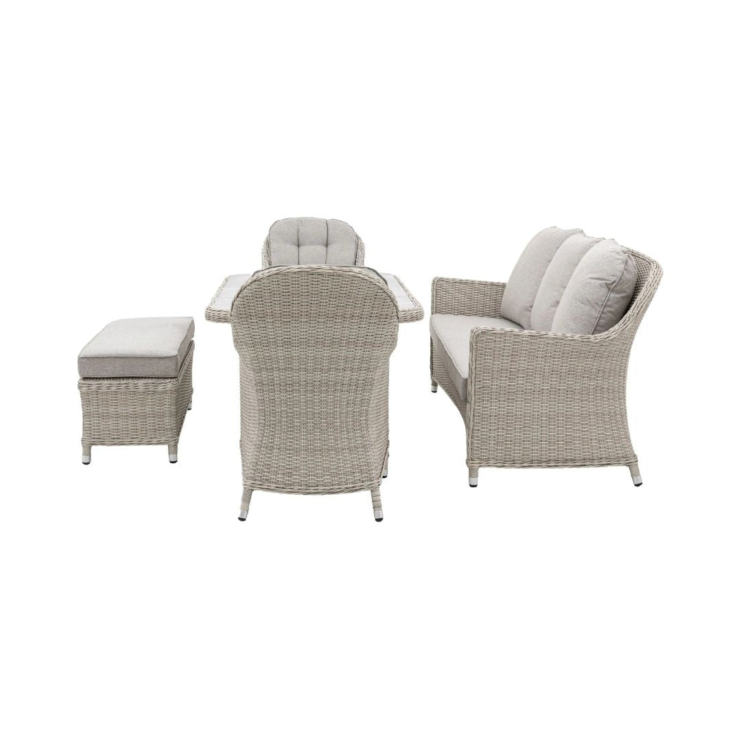 Stone Coloured PE Rattan Weave Rectangular Dining Set with a 3 Seat Sofa, 2 Armchairs and a Bench