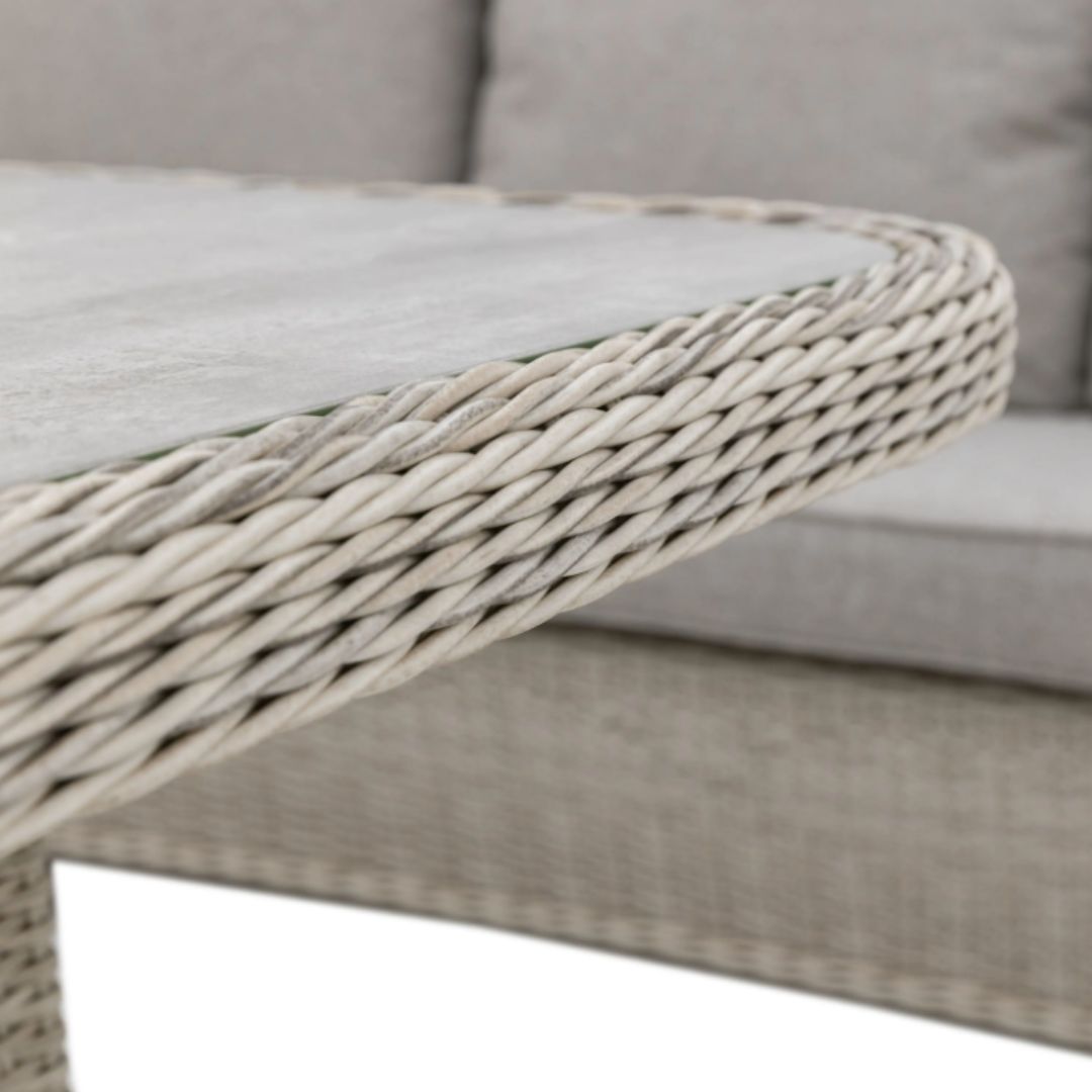 Stone Coloured PE Rattan Weave Rectangular Dining Set with a 3 Seat Sofa, 2 Armchairs and a Bench