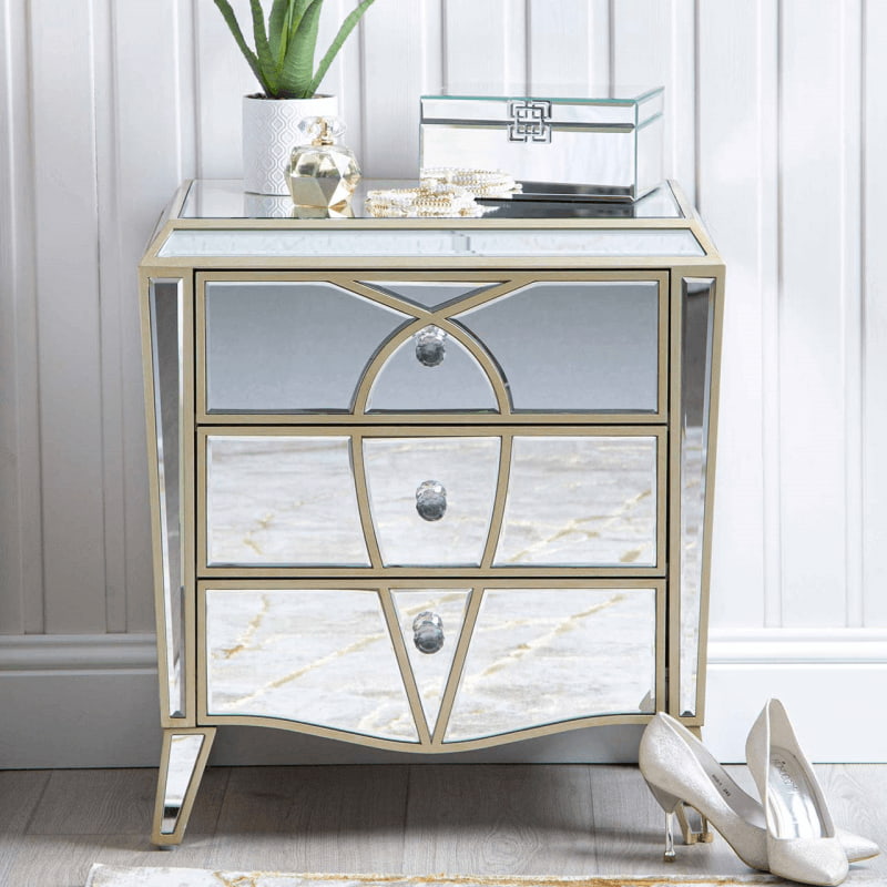 Champagne 3 drawer mirrored bedside table